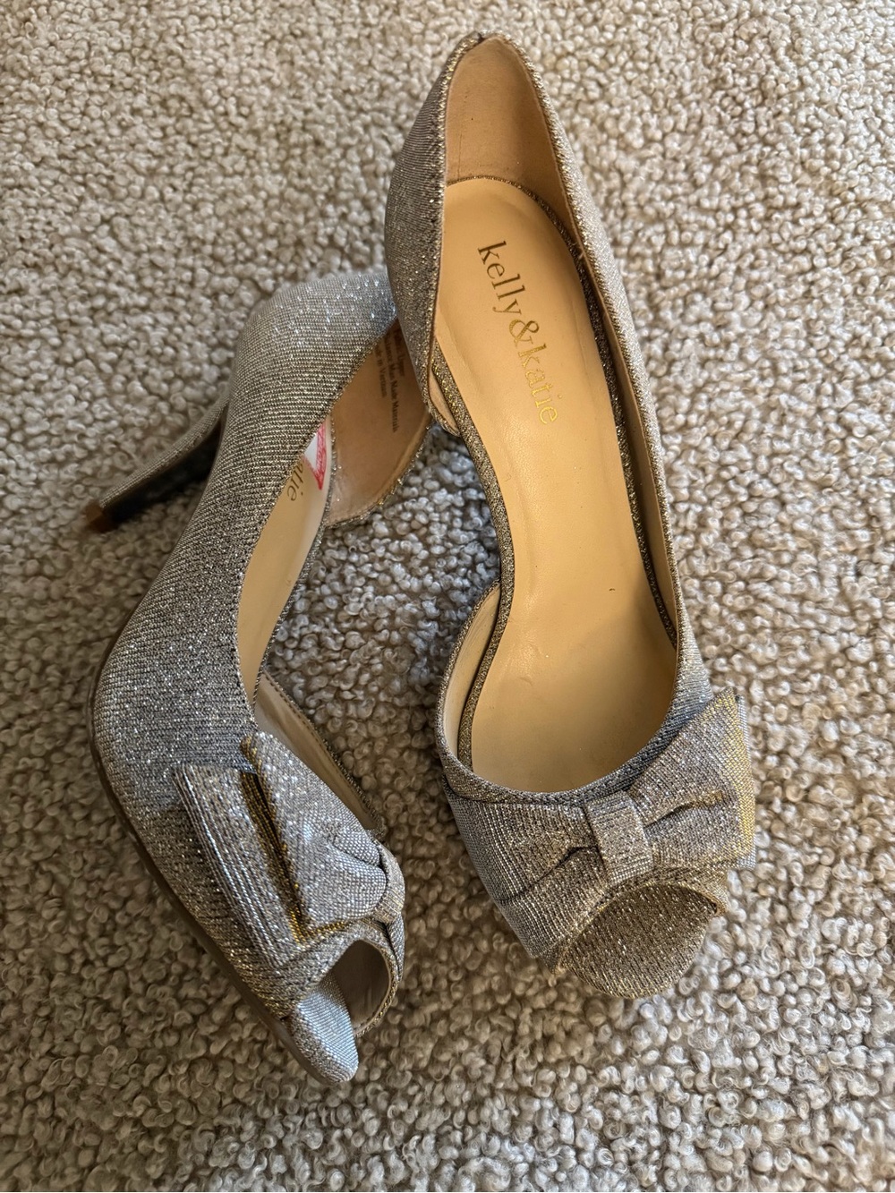 Kelly & Katie Sparkling Silver Peep-Toe Heels with Bow Accent